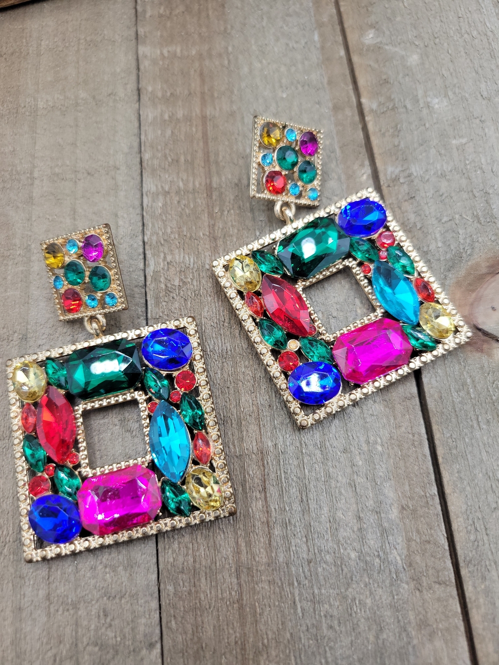 So Dope! Colorful Multi-Stone Square Drop Earrings - Pink, Blue, Green